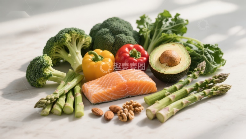 高清大图下载【趣麦麦图】新鲜蔬菜与三文鱼的健康组合