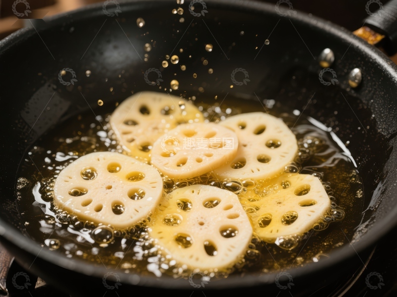 高清大图下载【趣麦麦图】莲藕片在锅中油炸