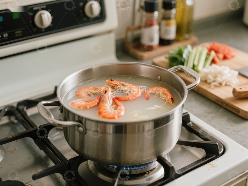 高清大图下载【趣麦麦图】锅中煮虾，厨房准备食材