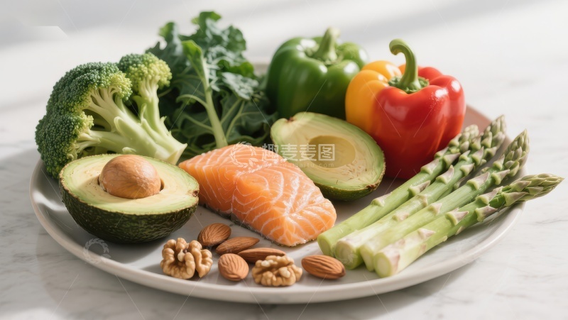 高清大图下载【趣麦麦图】新鲜蔬菜水果与三文鱼的健康组合