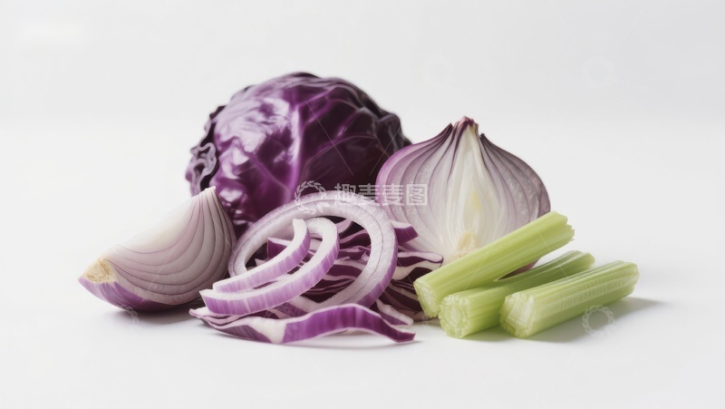 高清大图下载【趣麦麦图】新鲜蔬菜组合：紫甘蓝、洋葱与芹菜