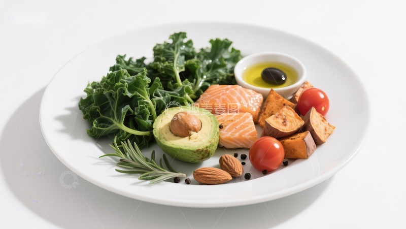 高清大图下载【趣麦麦图】健康餐盘：三文鱼、甜薯与绿叶蔬菜