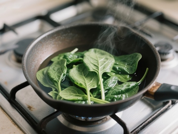 热锅中翻炒的绿叶蔬菜
