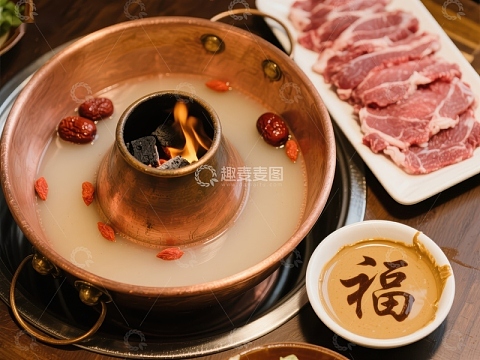 铜锅火锅配肉片，传统美食
