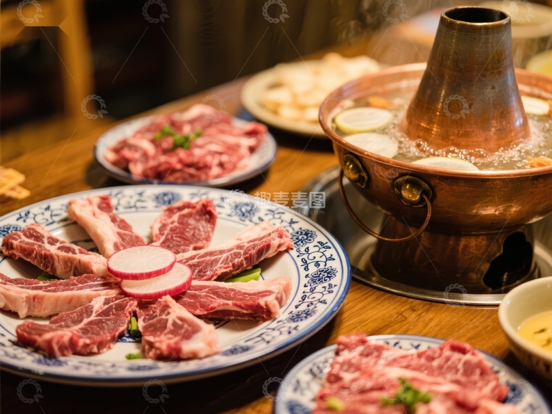 高清大图下载【趣麦麦图】热气腾腾的火锅与新鲜肉片