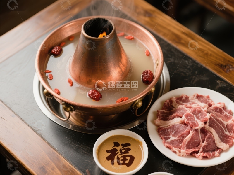 高清大图下载【趣麦麦图】铜锅涮肉，热气腾腾的美食享受