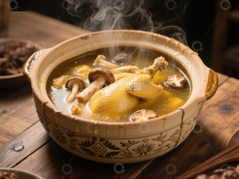 高清大图下载【趣麦麦图】热气腾腾的鸡汤炖蘑菇