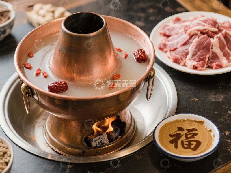 高清大图下载【趣麦麦图】铜锅涮肉，热气腾腾的传统美食