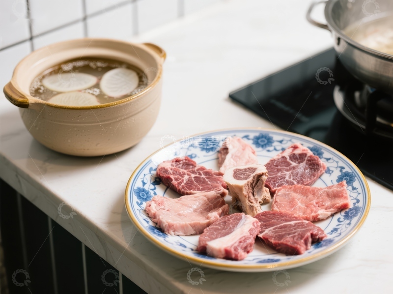 高清大图下载【趣麦麦图】-厨房中的生肉与汤锅