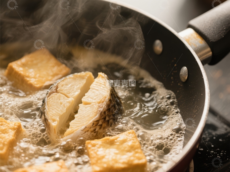高清大图下载【趣麦麦图】煎锅中的鱼块与豆腐