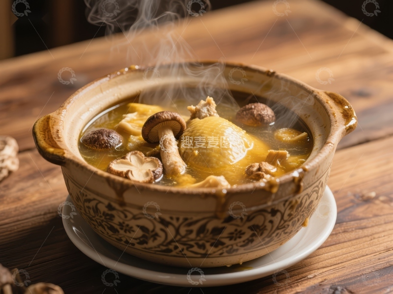 高清大图下载【趣麦麦图】热气腾腾的鸡汤炖蘑菇