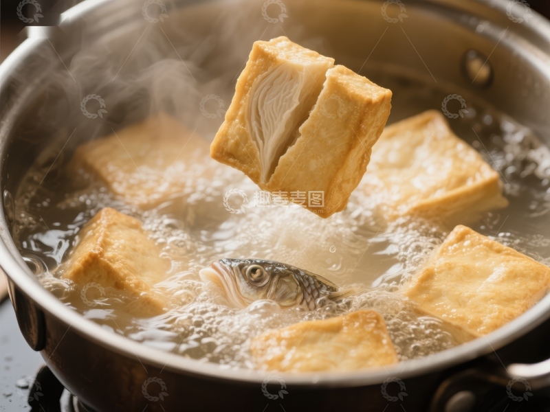 高清大图下载【趣麦麦图】热锅中煮制的豆腐与鱼片