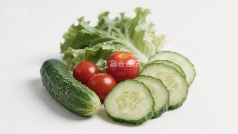 高清大图下载【趣麦麦图】新鲜蔬菜组合：黄瓜、番茄与生菜