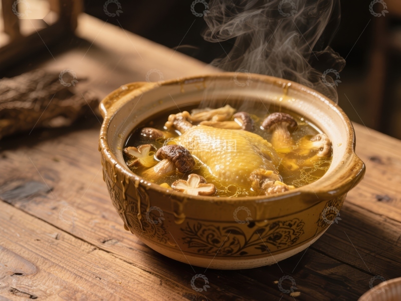 高清大图下载【趣麦麦图】热气腾腾的鸡汤炖蘑菇