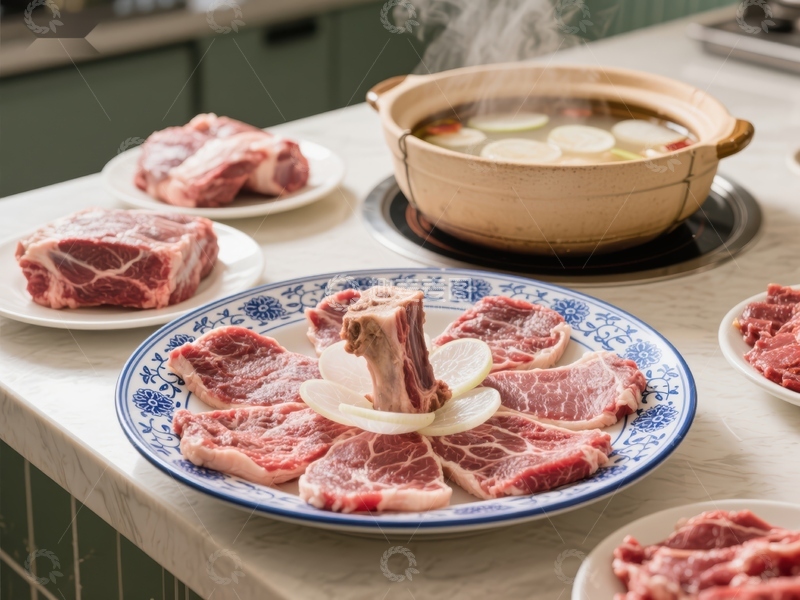 高清大图下载【趣麦麦图】新鲜牛肉与热汤的美食场景