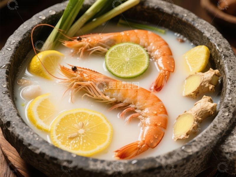 高清大图下载【趣麦麦图】鲜虾柠檬汤，石锅盛装