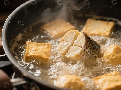 热锅中煮制豆腐与鱼头