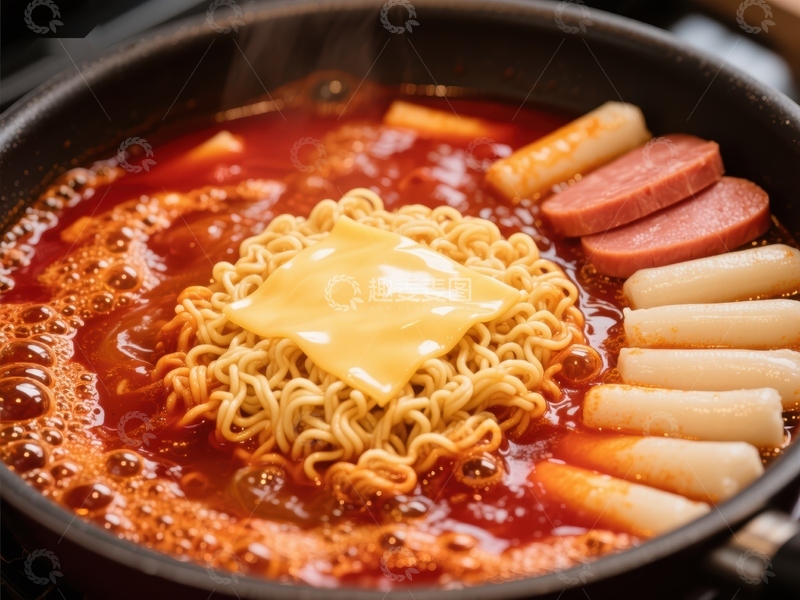 高清大图下载【趣麦麦图】辣味泡面火锅，搭配香肠年糕