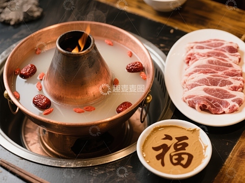 铜锅火锅配肉片，传统美食
