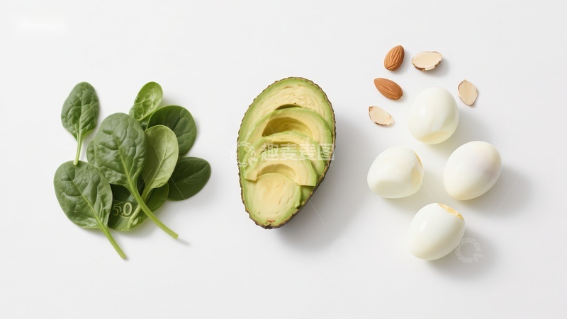 高清大图下载【趣麦麦图】新鲜食材组合：菠菜、牛油果与鸡蛋
