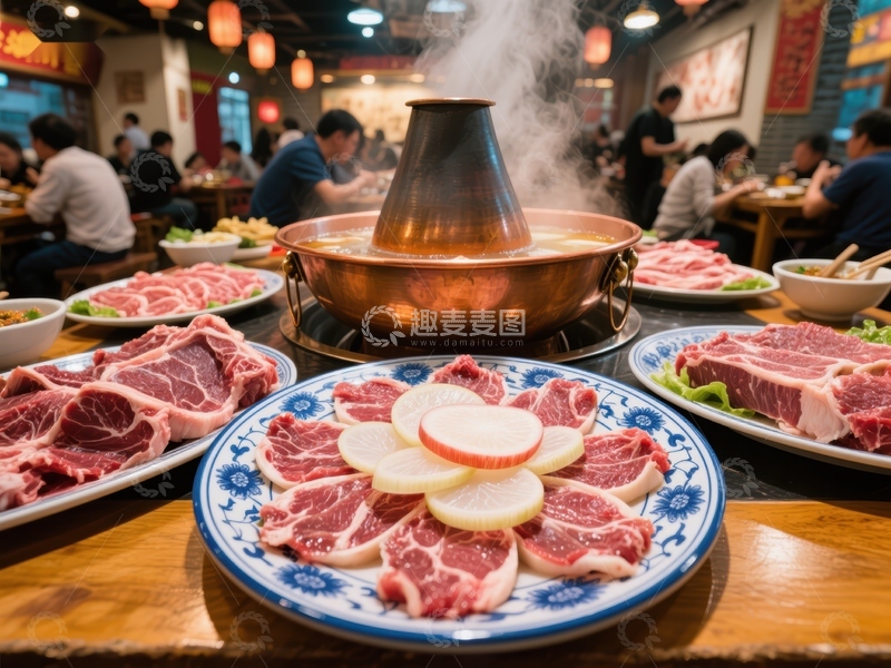 高清大图下载【趣麦麦图】热气腾腾的火锅与新鲜肉片