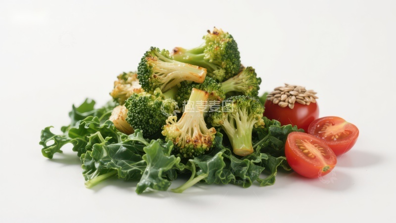 高清大图下载【趣麦麦图】新鲜蔬菜组合：西兰花、羽衣甘蓝与番茄