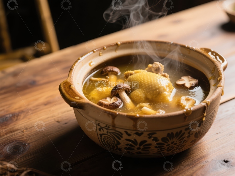 高清大图下载【趣麦麦图】热气腾腾的鸡汤炖蘑菇