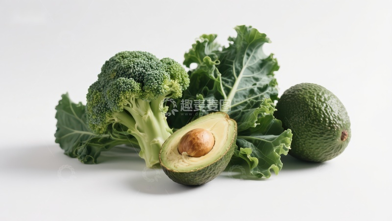 高清大图下载【趣麦麦图】新鲜蔬菜组合：西兰花、羽衣甘蓝与牛油果