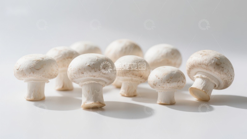 高清大图下载【趣麦麦图】新鲜蘑菇群排列在白色背景上