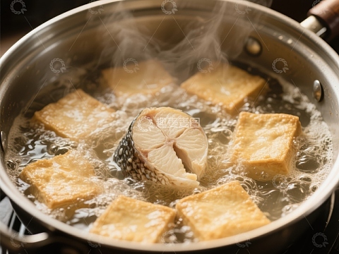 豆腐与鱼片在锅中烹煮