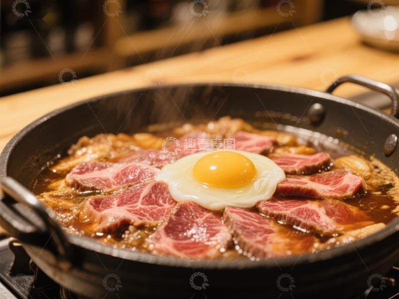 高清大图下载【趣麦麦图】铁锅煎肉配蛋，热气腾腾
