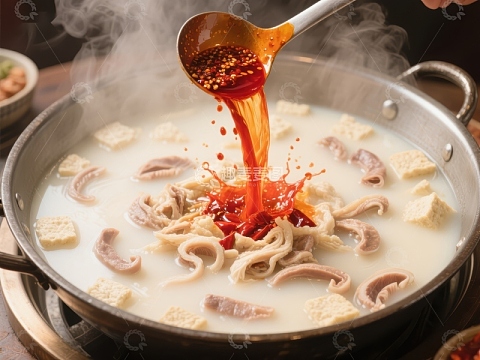麻辣汤锅，红油倾注瞬间