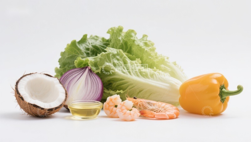 高清大图下载【趣麦麦图】新鲜食材组合：椰子、生菜、洋葱等