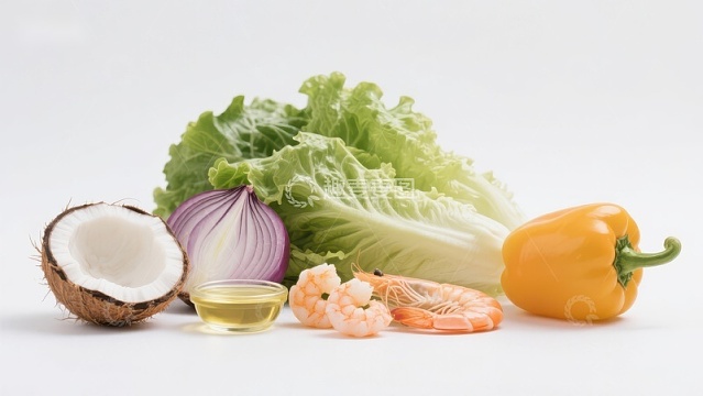 新鲜食材组合：椰子、生菜、洋葱等