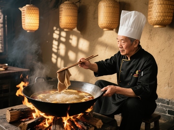 厨师火上烹饪美食
