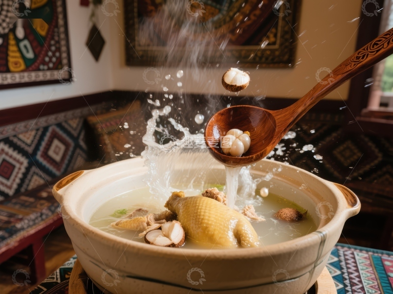 高清大图下载【趣麦麦图】-热气腾腾的鸡汤锅，勺子舀起蘑菇