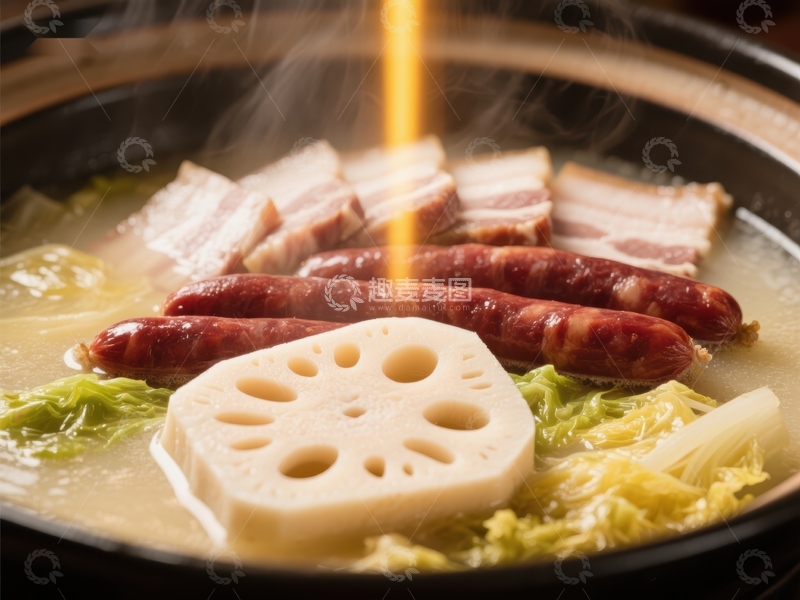 高清大图下载【趣麦麦图】热气腾腾的火锅，莲藕与香肠的美味组合