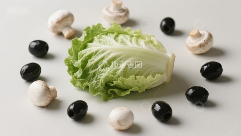 高清大图下载【趣麦麦图】生菜与蘑菇黑橄榄的组合