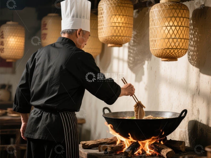 高清大图下载【趣麦麦图】厨师在传统厨房用火烹饪