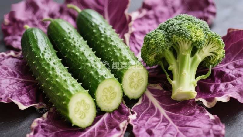 高清大图下载【趣麦麦图】新鲜黄瓜与西兰花置于紫甘蓝上