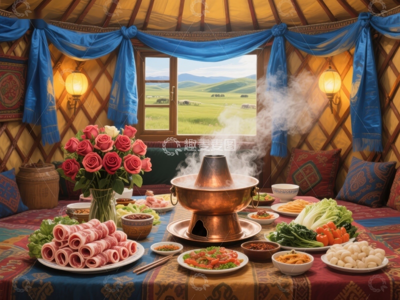 高清大图下载【趣麦麦图】蒙古包内热气腾腾的火锅宴