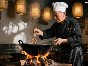 厨师在火上用锅烹饪
