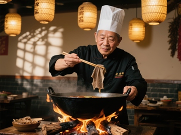 厨师烹饪，火焰翻炒食材