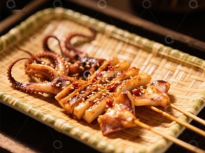 烤鱿鱼串，撒上芝麻和辣椒