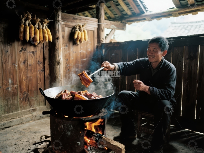 高清大图下载【趣麦麦图】乡村厨房中烹饪美食的男子
