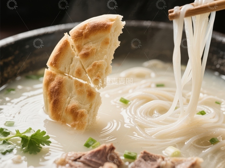 羊肉泡馍：热腾腾的面条与饼