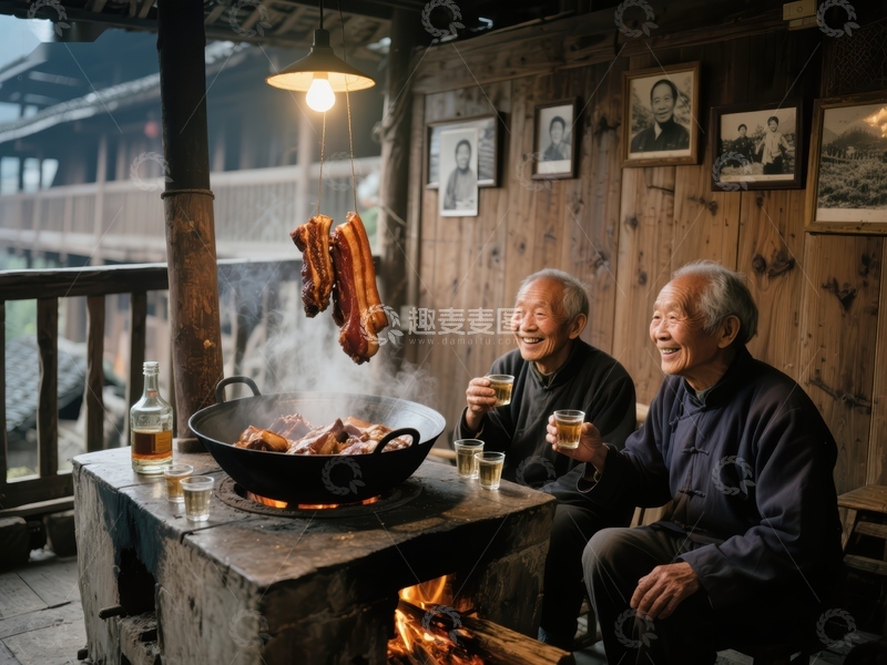 高清大图下载【趣麦麦图】乡村老友围炉烤肉，共享温馨时光