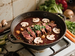 铸铁锅中的牛肉蘑菇炖菜