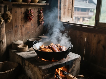 传统厨房中火上烹饪的美食