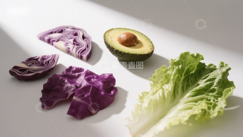 高清大图下载【趣麦麦图】新鲜蔬菜：紫甘蓝、牛油果与生菜